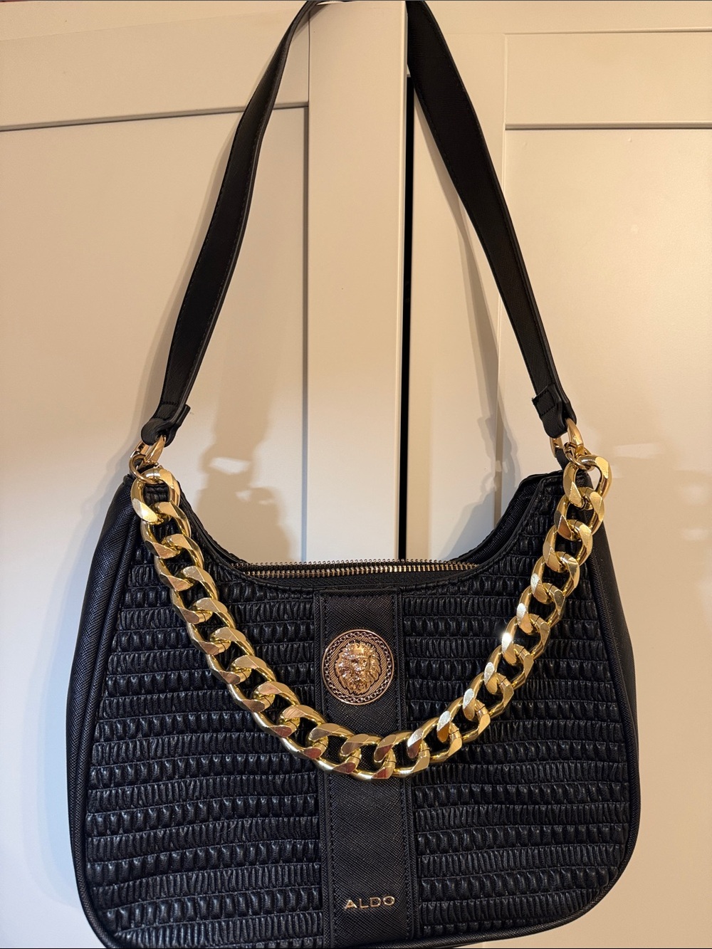 Aldo Black Quilted Shoulder Bag with Gold Chain and Medallion